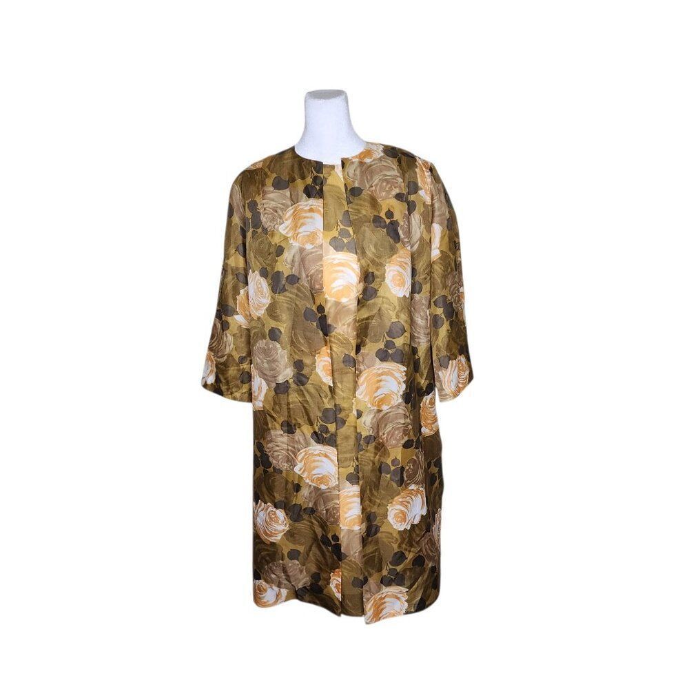 Vintage 60s Tava Shift Dress Matching Duster Floral Womens M Brown